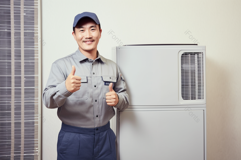 男性维修工人上门检修立式空调并双手点赞,高清,摄影图,摄影图片,图片大全,摄影图免费下载